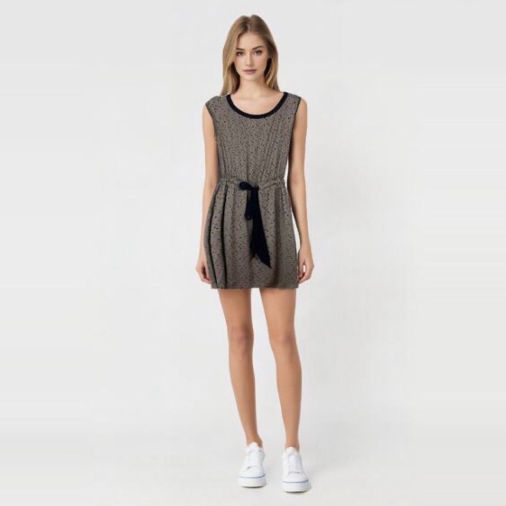 LOFT Taupe Polka Dot Sleeveless Tie-Waist Midi Dress